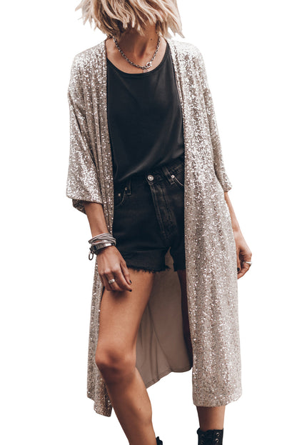 Aprikosenfarbener Kimono mit Pailletten und 3/4-Ärmeln und offener Vorderseite