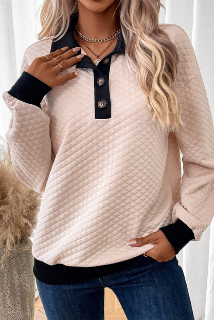 Haferflockenfarbenes Sweatshirt mit strukturiertem Colorblock-Rand und geknöpftem Kragen