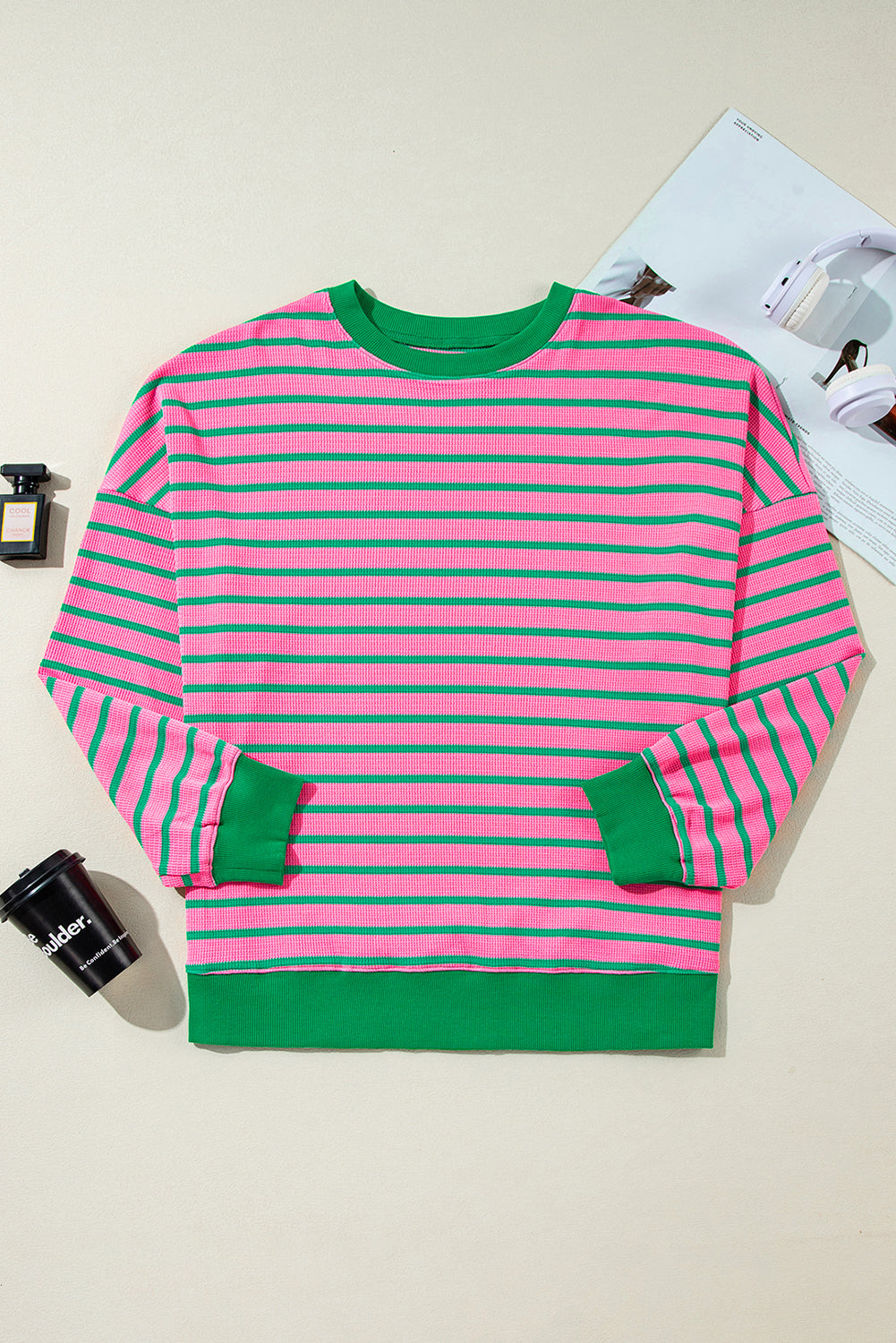 Rosa gestreiftes Rundhals-Sweatshirt mit Waffelstrick in Übergröße