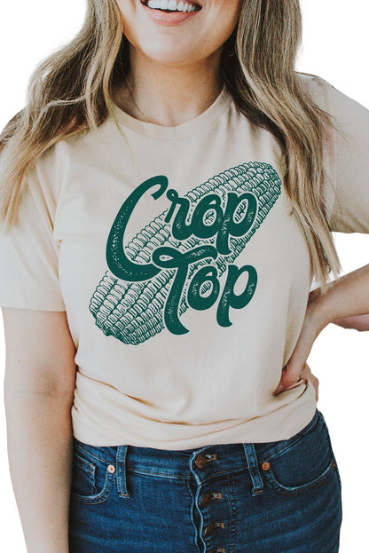 Khakifarbenes Crop-Top mit Mais-Grafik