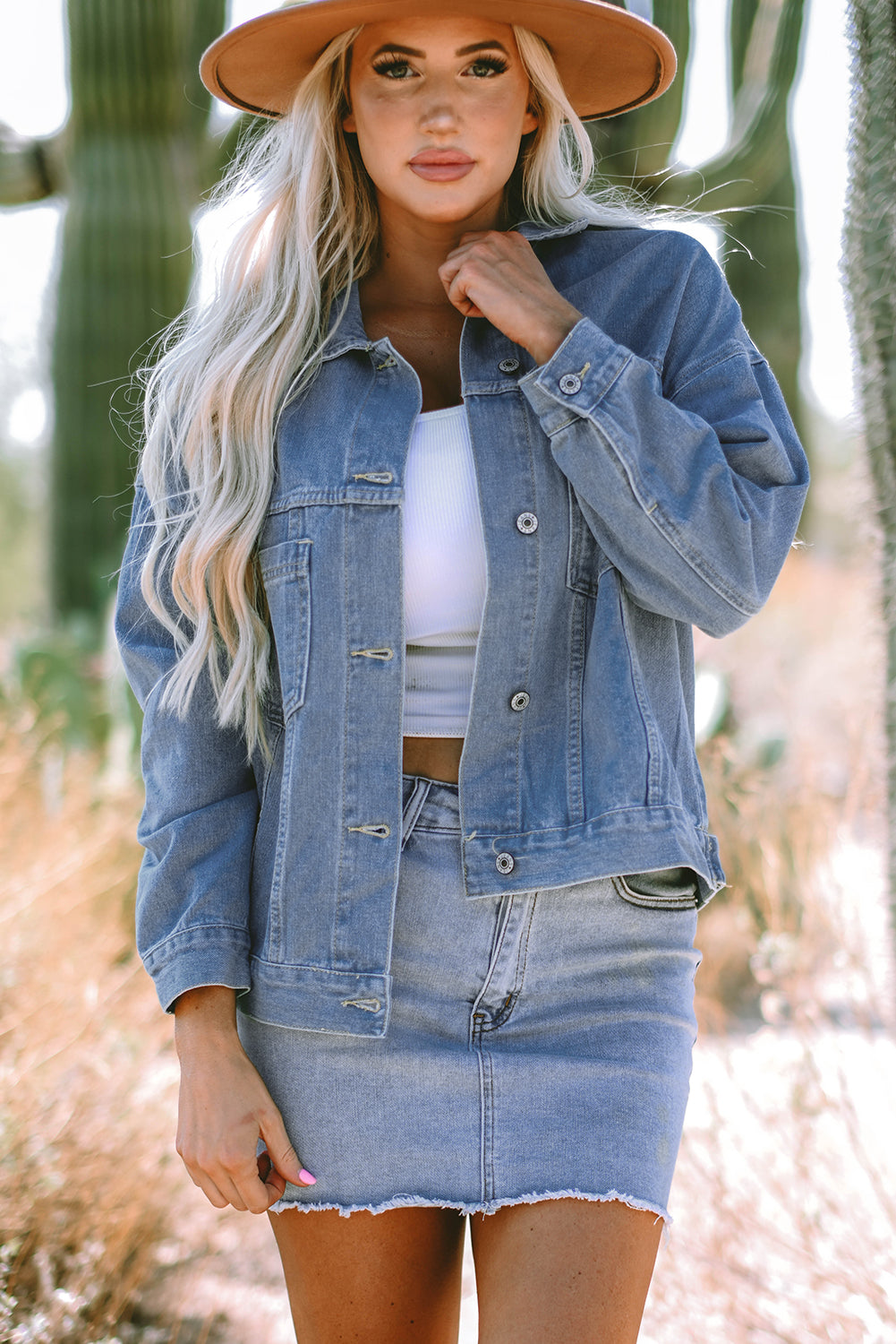 Wild Wind Washed Oversize-Jeansjacke mit Taschen