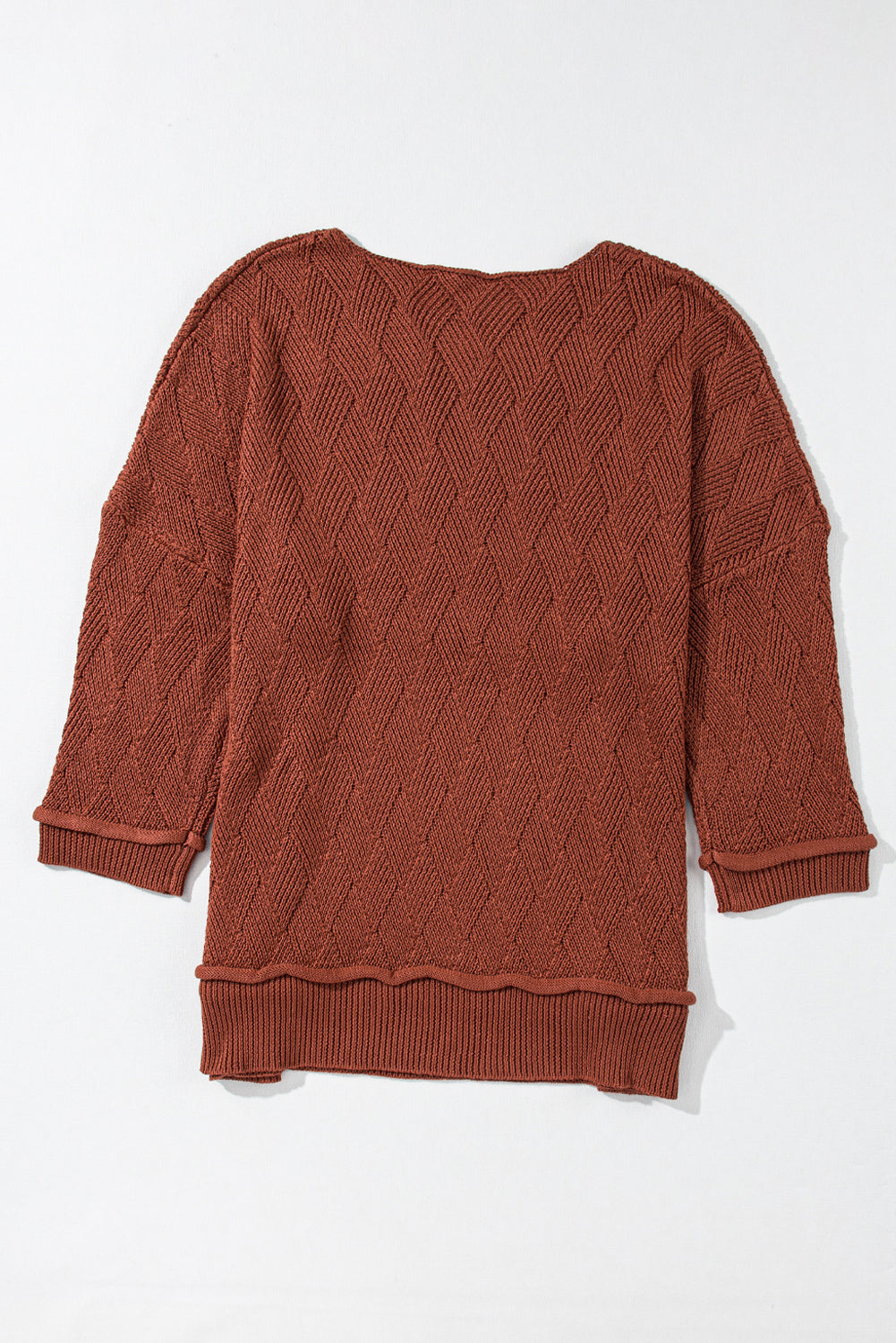 Gold Flame Einfarbig Strukturierter Lockerer Pullover mit Rundhalsausschnitt