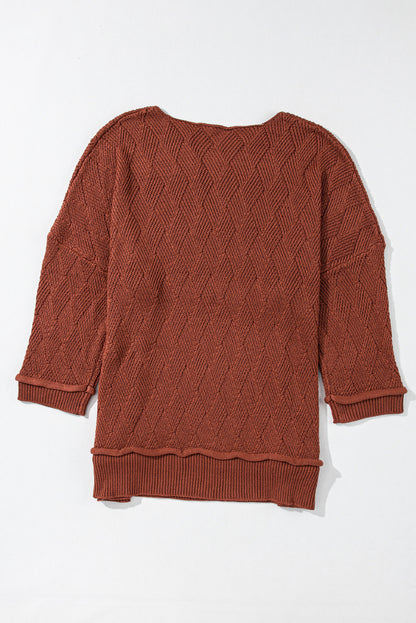 Gold Flame Einfarbig Strukturierter Lockerer Pullover mit Rundhalsausschnitt