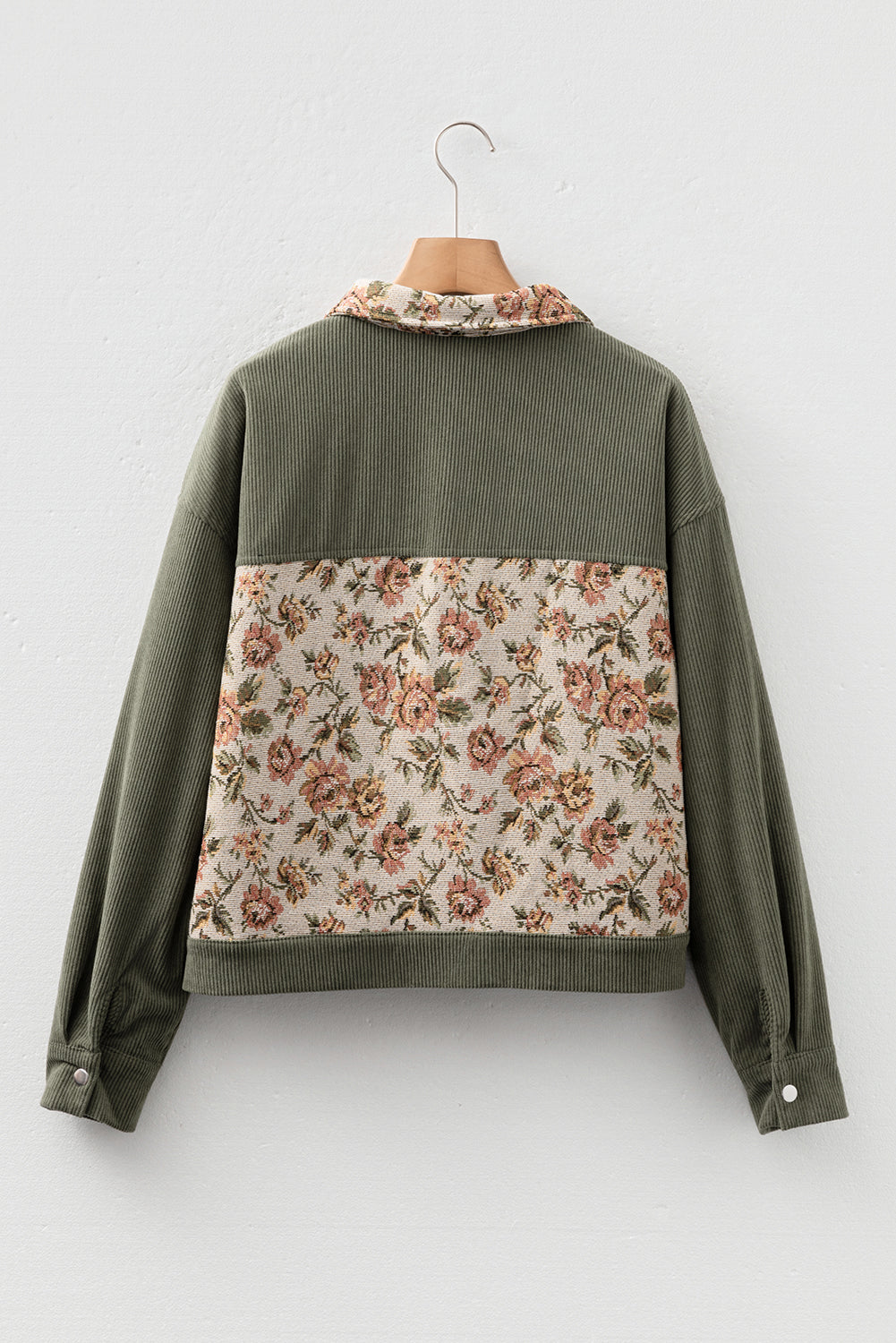 Sage Green Ribbed Retro Floral Patchwork Shirt Style Jacket