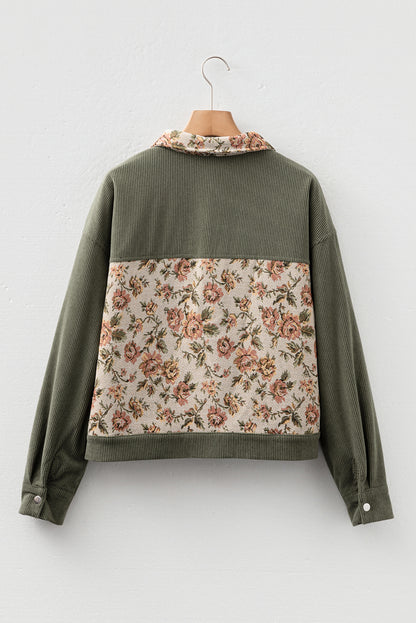Sage Green Ribbed Retro Floral Patchwork Shirt Style Jacket