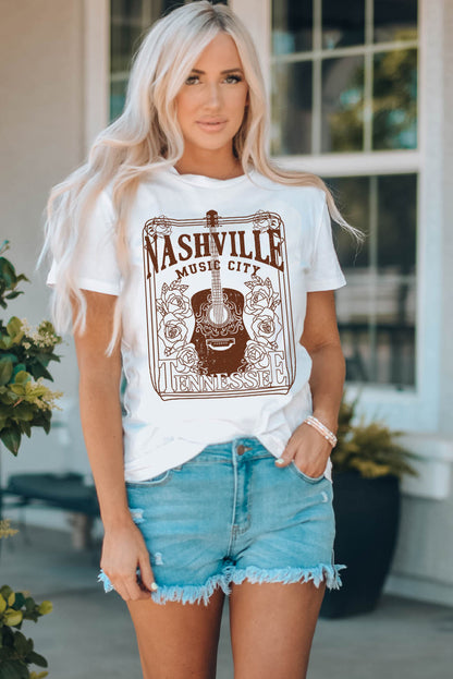 Weißes T-Shirt mit Rundhalsausschnitt und Grafik „NASHVILLE MUSIC CITY“