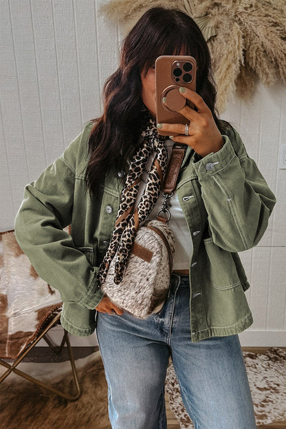 Smoke Green Patched Pocket Collared Button Front Boyfriend Denim Jacket
