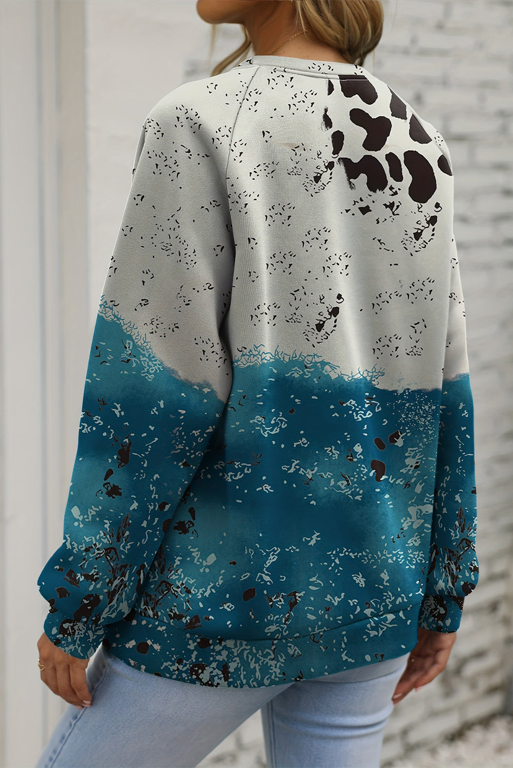 Blauer Tie Dye Kuh Farbblock Pullover