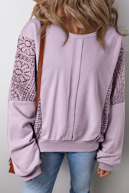 Sweatshirt mit geripptem Saum und sichtbaren Nähten im Orchid Petal-Strick-Häkelmuster