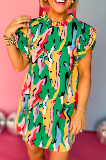 Grünes Minikleid mit abstraktem Print, Rüschenkragen und Rüschenärmeln