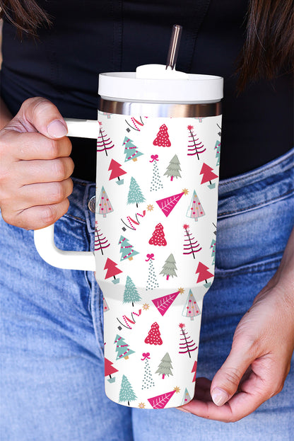 Weißer Thermobecher mit Cartoon-Weihnachtsbaum-Aufdruck, 1,2 l