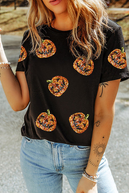 Schwarzes Pailletten-Kürbisgesicht-Halloween-T-Shirt