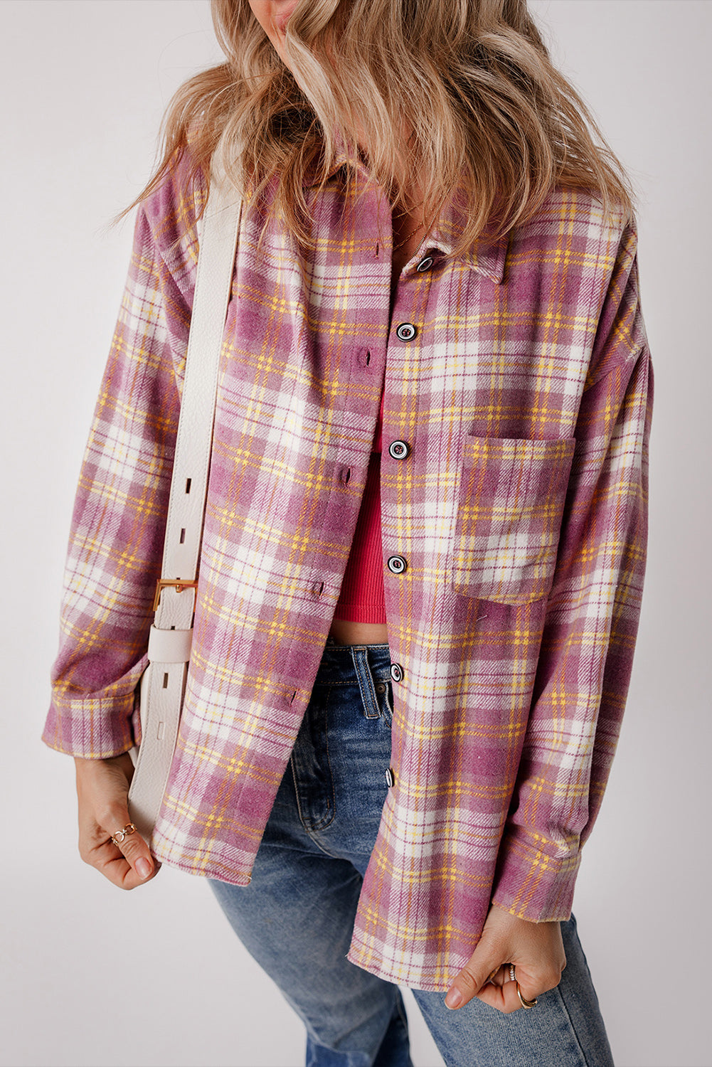 Rosa, langärmlige Hemdjacke mit Brusttasche und Karomuster