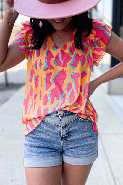 Orangefarbene Bluse mit abstraktem Print und V-Ausschnitt und Rüschenärmeln