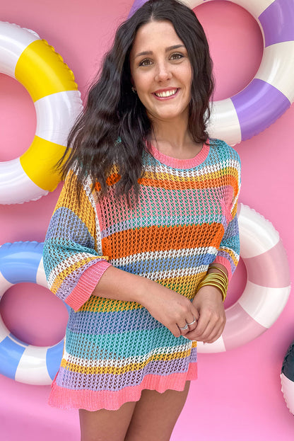 Rosa gestreifter Colorblock-Pullover mit 3/4-Ärmeln und ausgehöhltem Häkelmuster