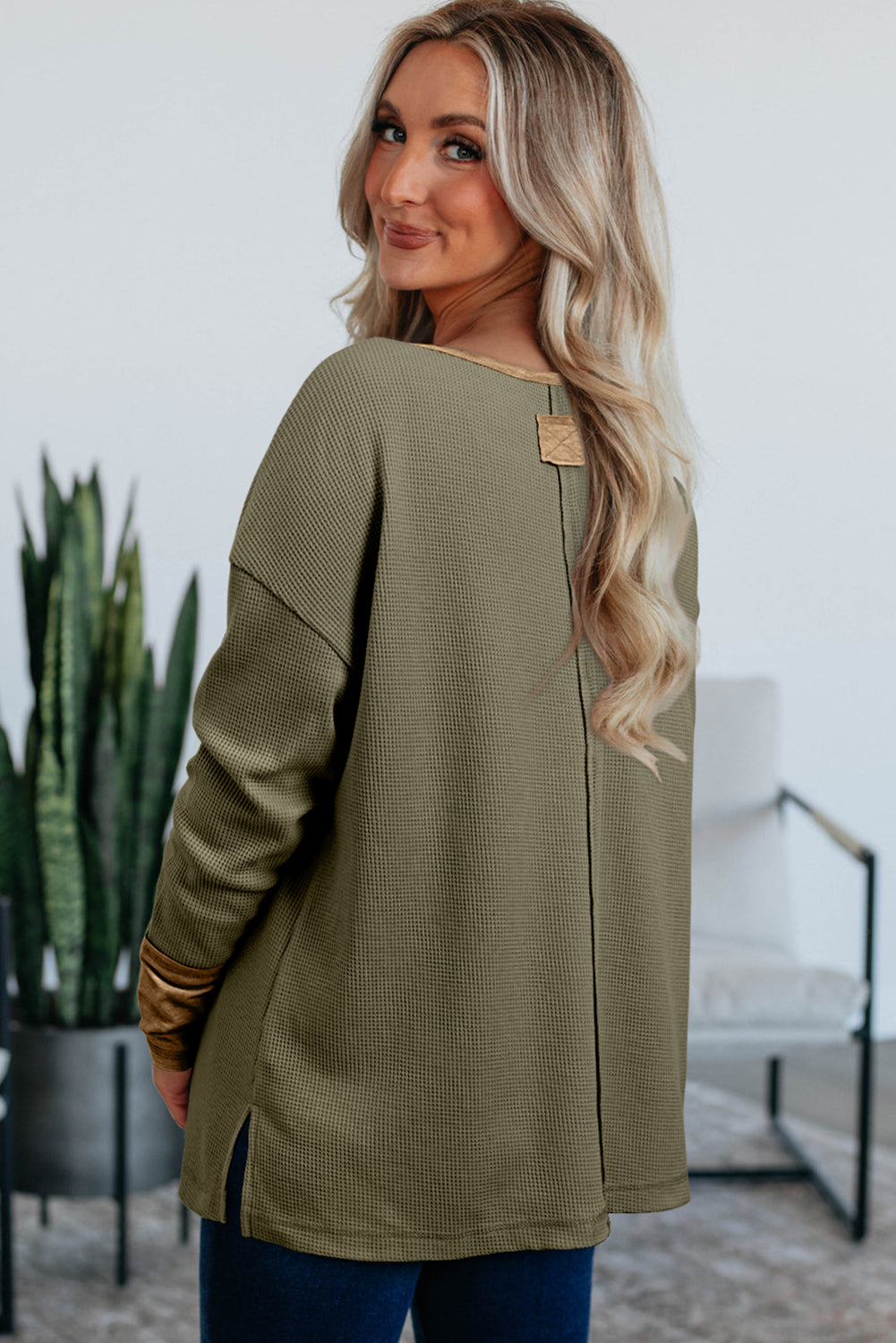 Vineyard Green Color Block Waffle Textured Tunic Henley Top with Slits