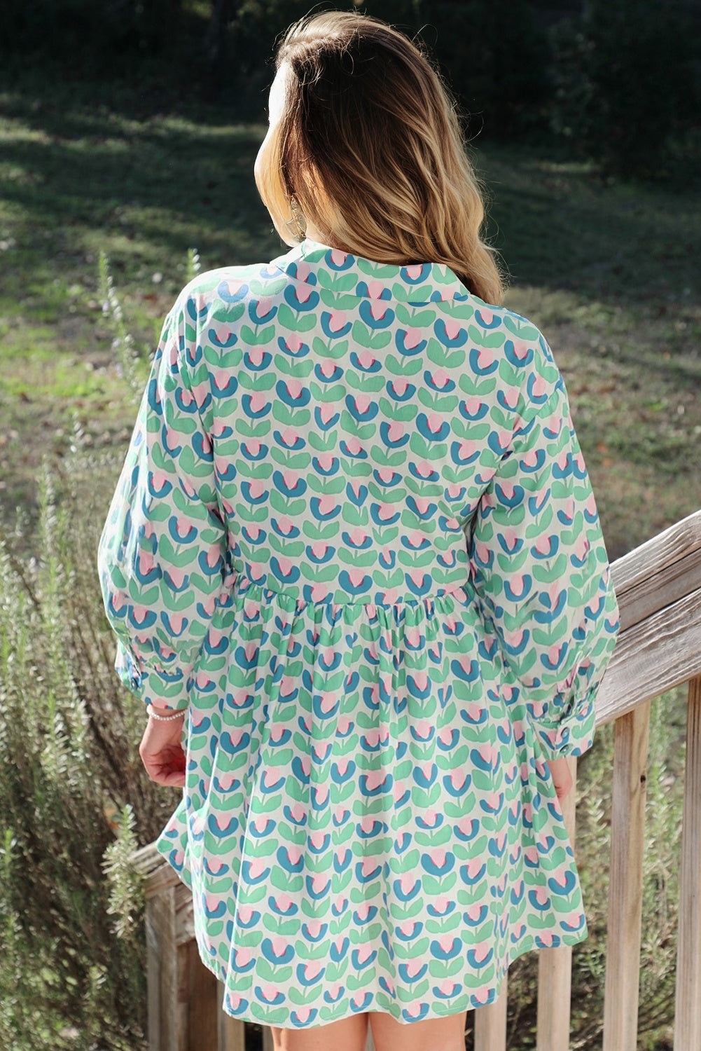 Green Floral Print Notched Neck Scalloped Detail Long Sleeve Mini Dress