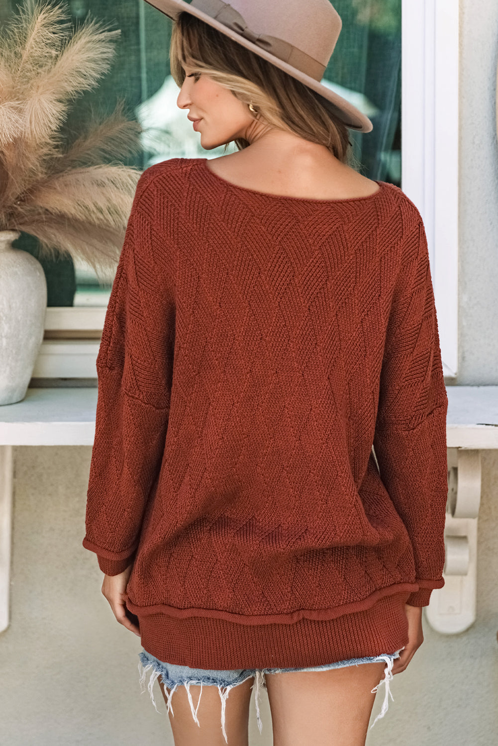 Gold Flame Einfarbig Strukturierter Lockerer Pullover mit Rundhalsausschnitt