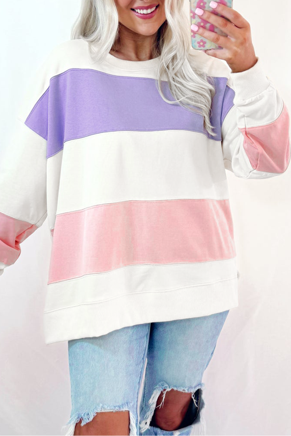 Beiges Sweatshirt mit Rundhalsausschnitt und Patchwork-Farbblockdesign mit überschnittener Schulter