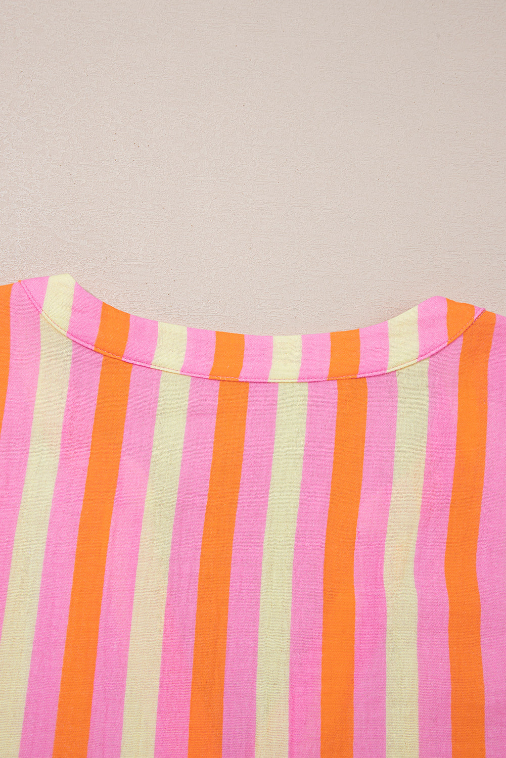 Pink Stripe Crinkled Half Buttons V Neck Plus Size Blouse