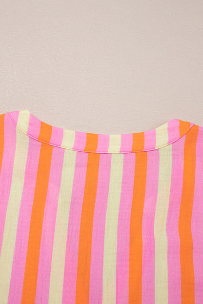 Pink Stripe Crinkled Half Buttons V Neck Plus Size Blouse