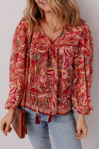 Mehrfarbige Boho-Bluse mit ethnischem Paisley-Print, Quaste und Puffärmeln