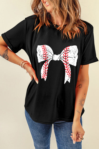 Schwarzes Baseball-T-Shirt mit Schleife und Grafik