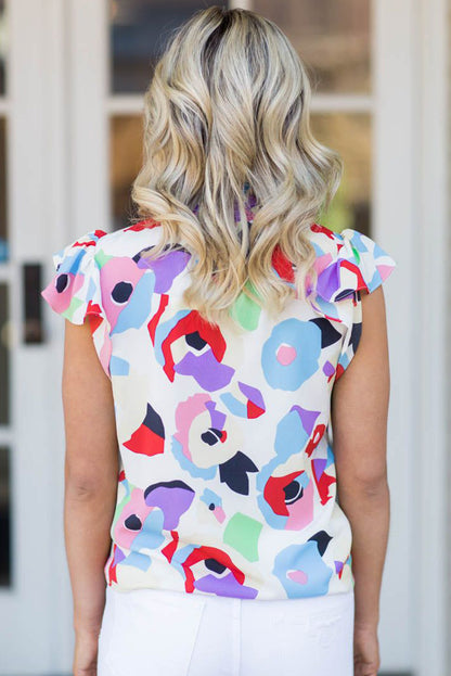 Mehrfarbige Bluse mit abstraktem Print und Rüschenärmeln