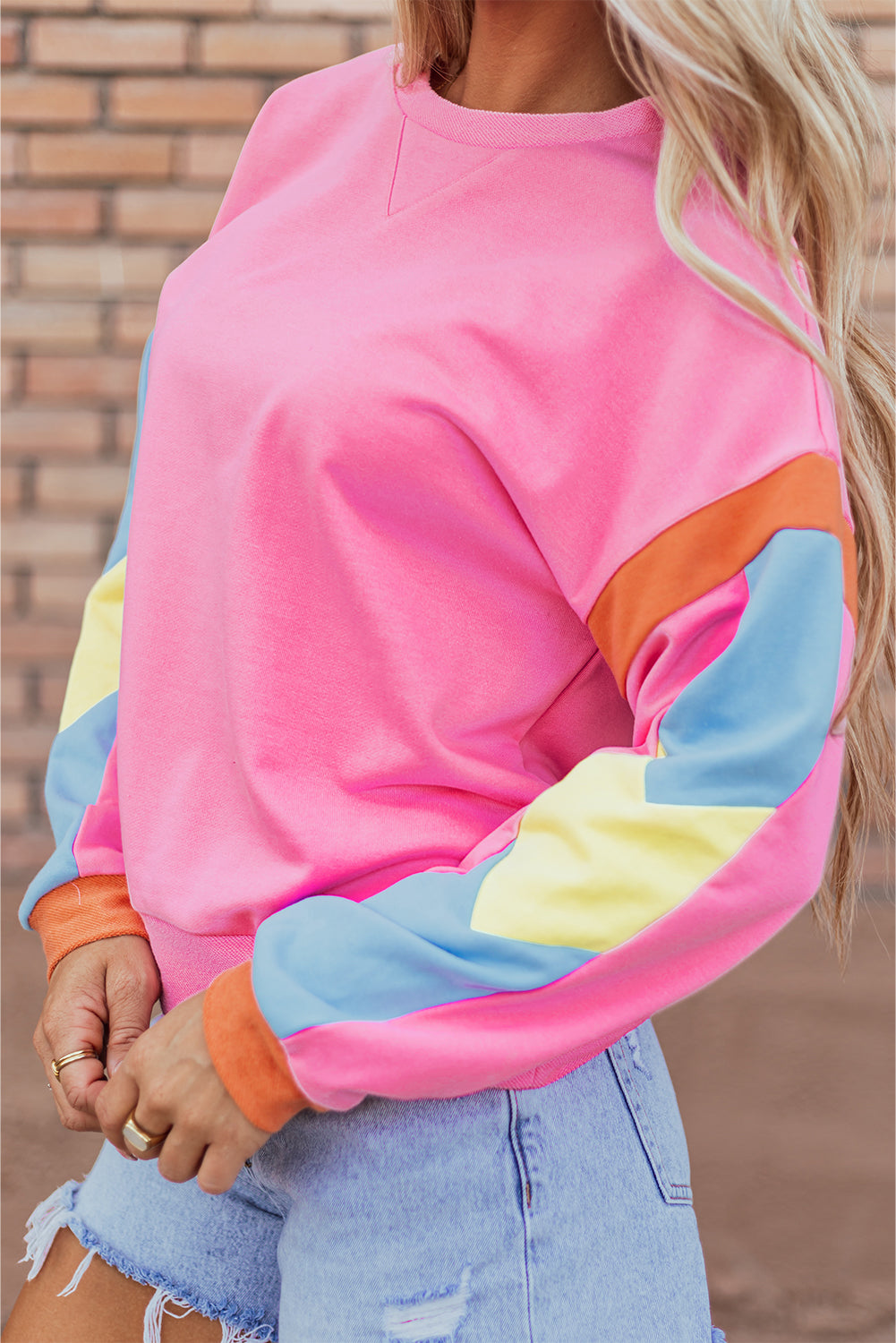Pinkes French-Terry-Oberteil mit Farbblockdesign und Candy-Muster