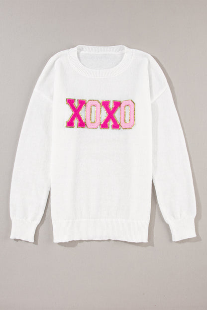 Weißer XOXO-Freizeitpullover mit Glitzer-Print und Rundhalsausschnitt