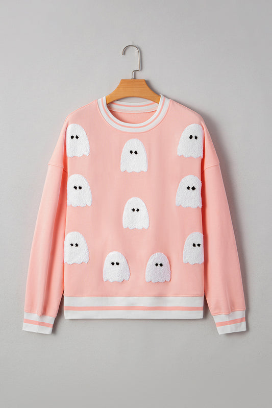 Gossamer Pink Halloween Terry Ghost Striped Trim Loose Sweatshirt