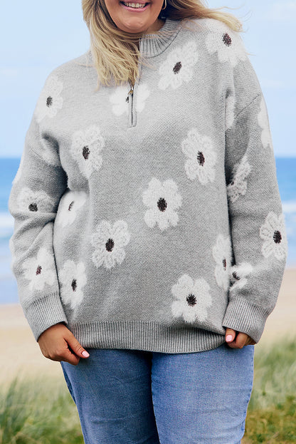 Grauer Pullover mit halbem Reißverschluss und Blumenmuster in Übergröße