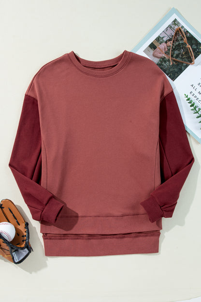 Mineralrotes zweifarbiges Patchwork-Pullover-Sweatshirt mit überschnittener Schulter