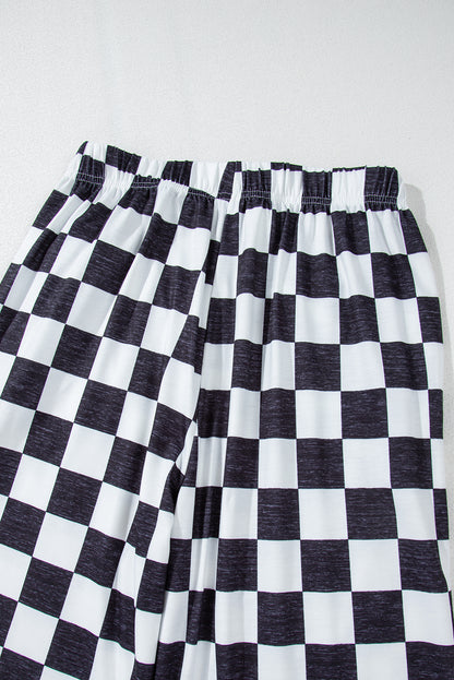 Schwarze Hose mit weitem Bein und hoher Taille im zweifarbigen Karomuster