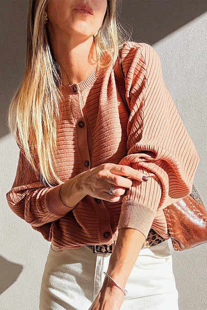 Apricot Pink Wide Rib Knit Button Front Dolman Sleeve Sweater Cardigan