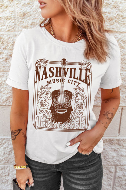 Weißes T-Shirt mit Rundhalsausschnitt und Grafik „NASHVILLE MUSIC CITY“