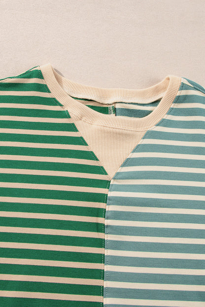 Grün gestreiftes, lässiges, gestreiftes Colorblock-Sweatshirt mit überschnittener Schulter