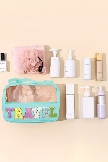 Mintgrüne Kosmetiktasche „TRAVEL“ aus Chenille mit Buchstaben, transparent, PVC