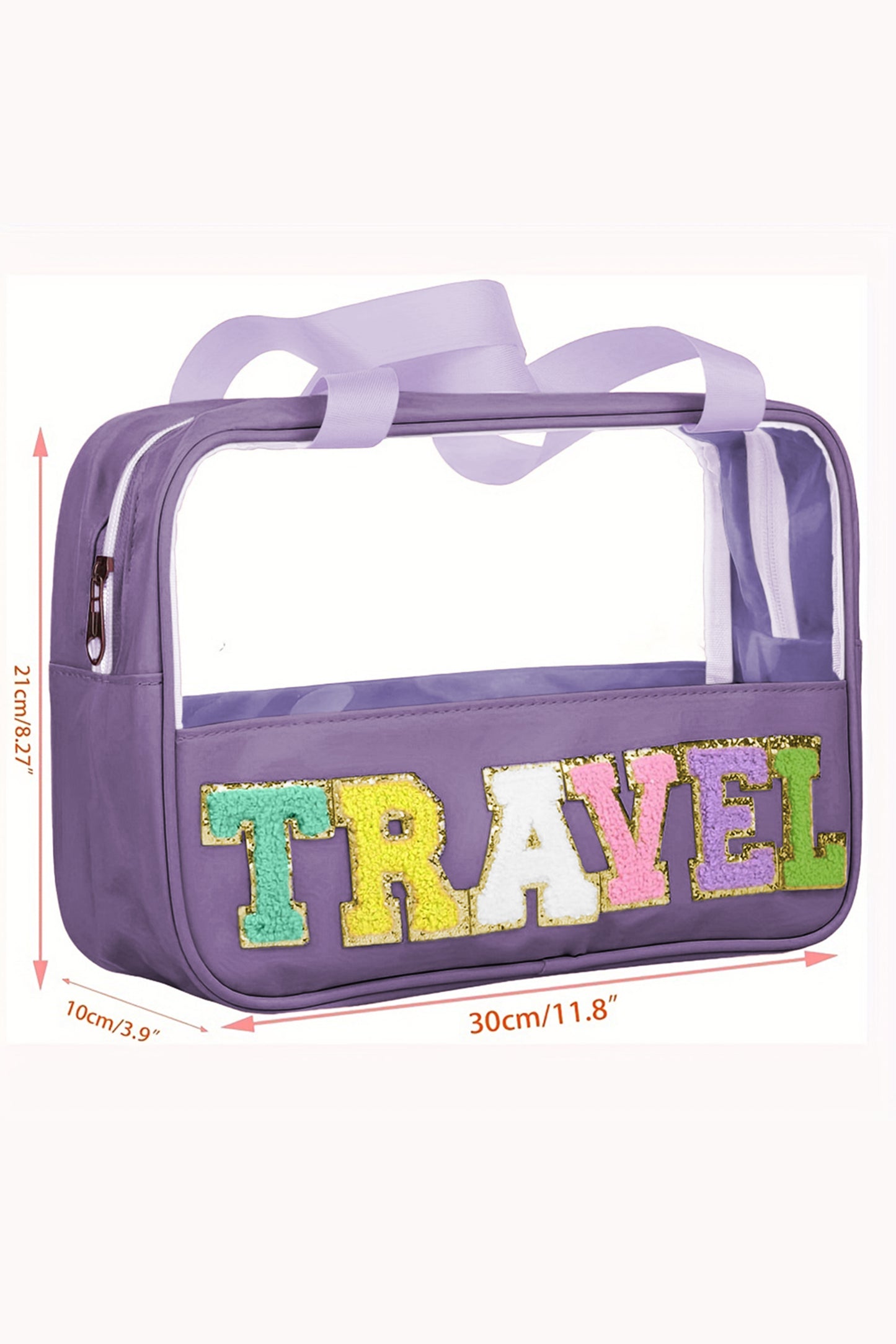 Lilafarbene Kosmetiktasche aus Chenille mit Buchstaben, transparent, PVC