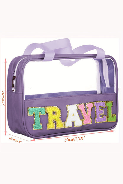Lilafarbene Kosmetiktasche aus Chenille mit Buchstaben, transparent, PVC