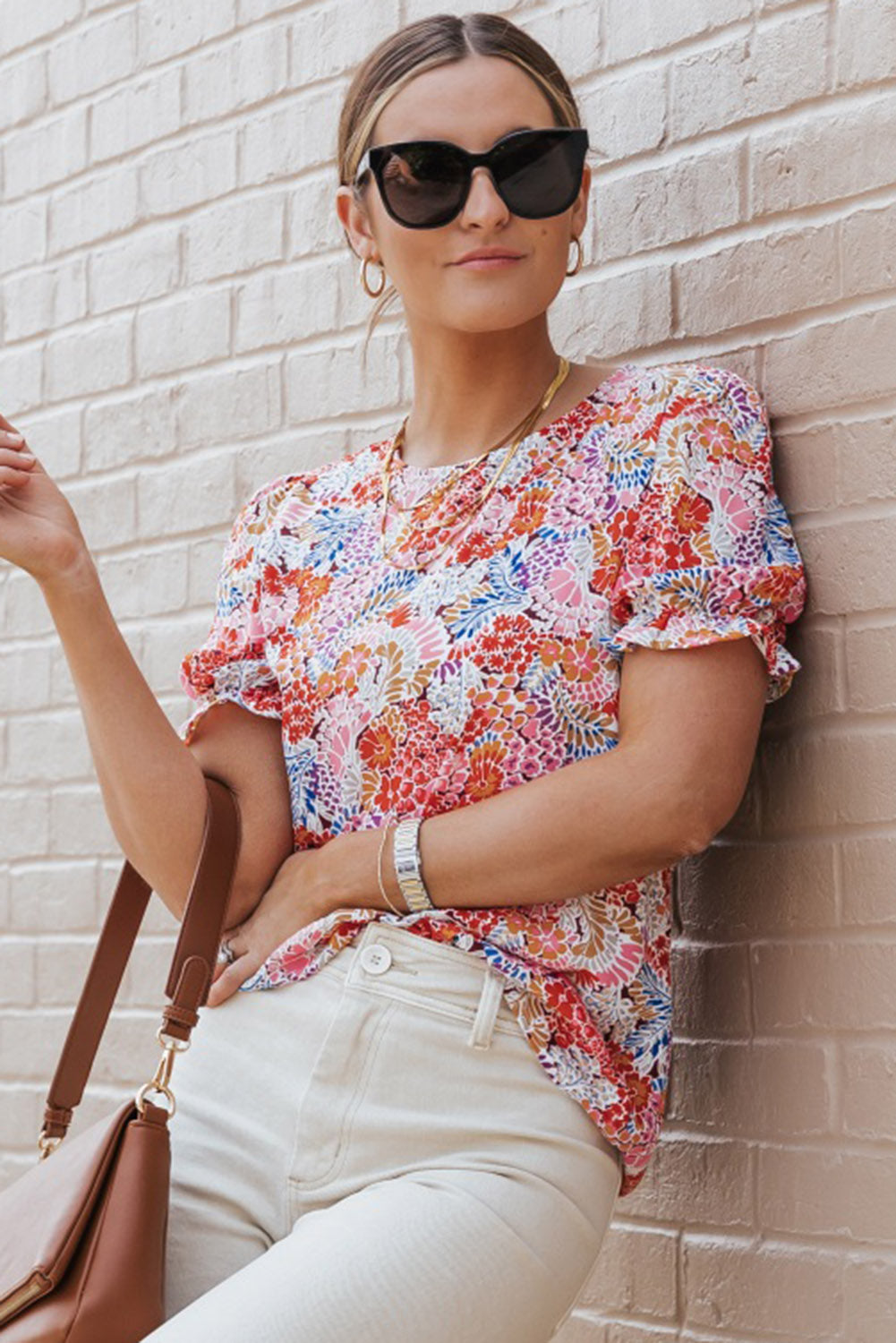 Bluse mit mehrfarbigen Blumenmuster-Mix und Puffärmeln
