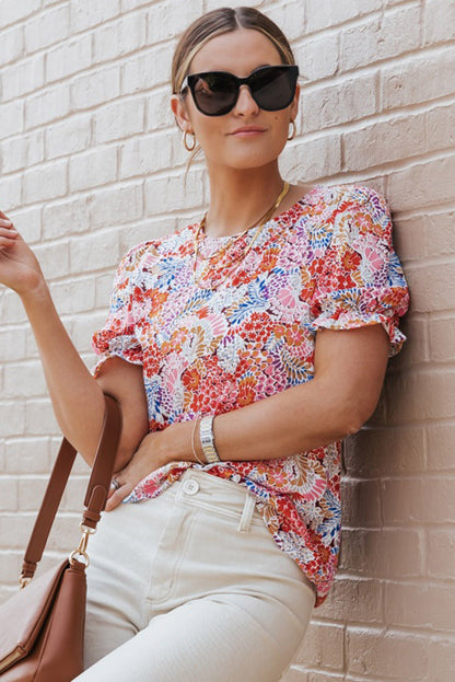 Bluse mit mehrfarbigen Blumenmuster-Mix und Puffärmeln