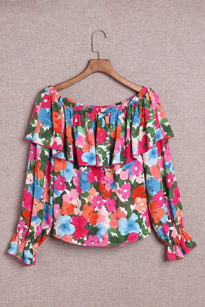 Schulterfreie Bluse mit Blumenmuster und Rüschen