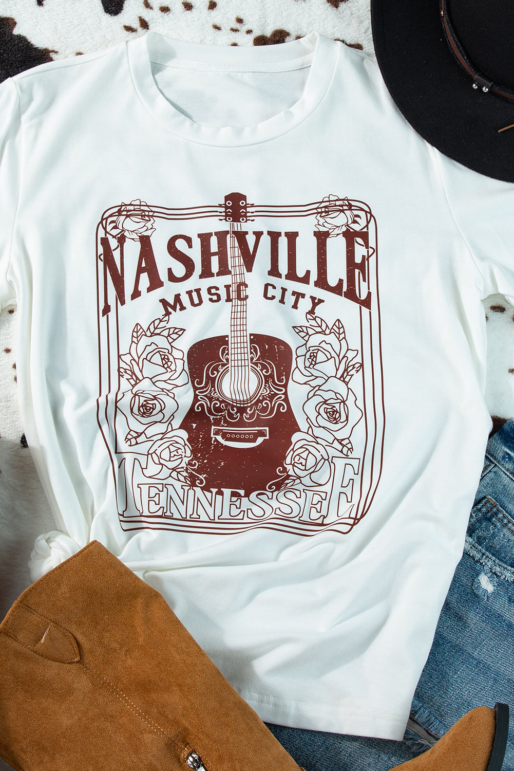 Weißes T-Shirt mit Rundhalsausschnitt und Grafik „NASHVILLE MUSIC CITY“