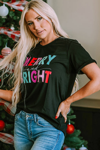 Schwarzes MERRY and BRIGHT T-Shirt mit Rundhalsausschnitt und Grafik