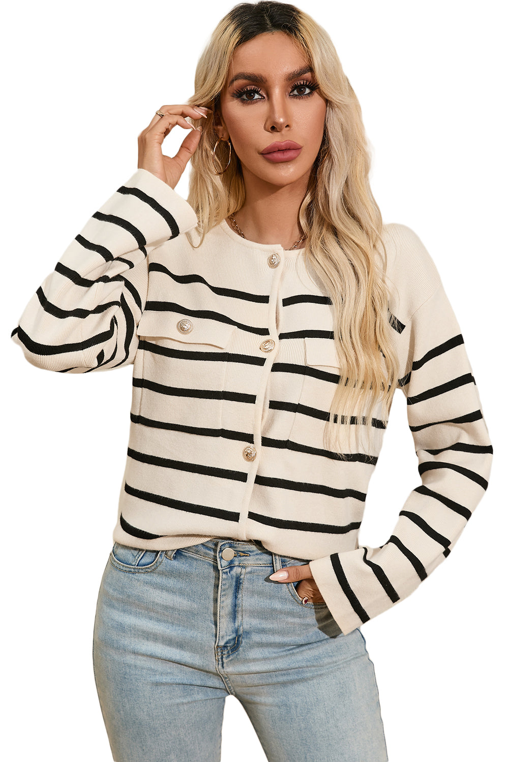 Schwarzer Cardigan mit Streifen, Pattentasche und Knöpfen