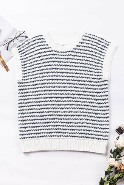 Blue Stripe Ribbed Trim Loose Fit Knitted Sweater Vest