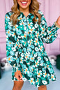 Grünes, gestuftes Hemdkleid mit langen Puffärmeln und Blumenmuster