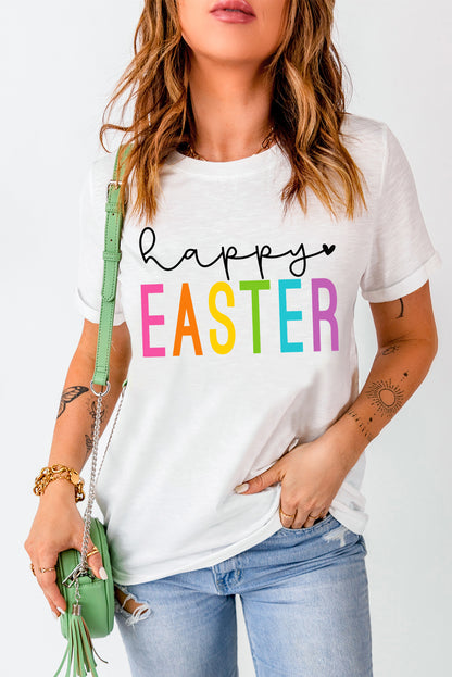 Weißes T-Shirt mit Rundhalsausschnitt und „Frohe Ostern“-Grafik
