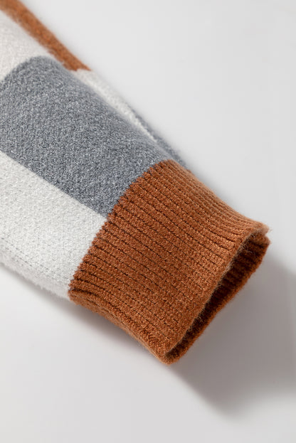 Brown Plus Size Checkered Crewneck Sweater